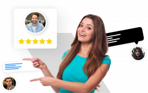 women point at reviews left for a business