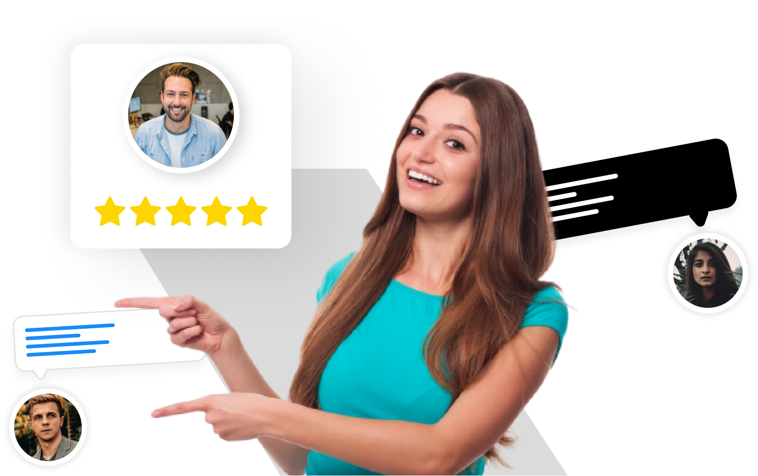 women point at reviews left for a business