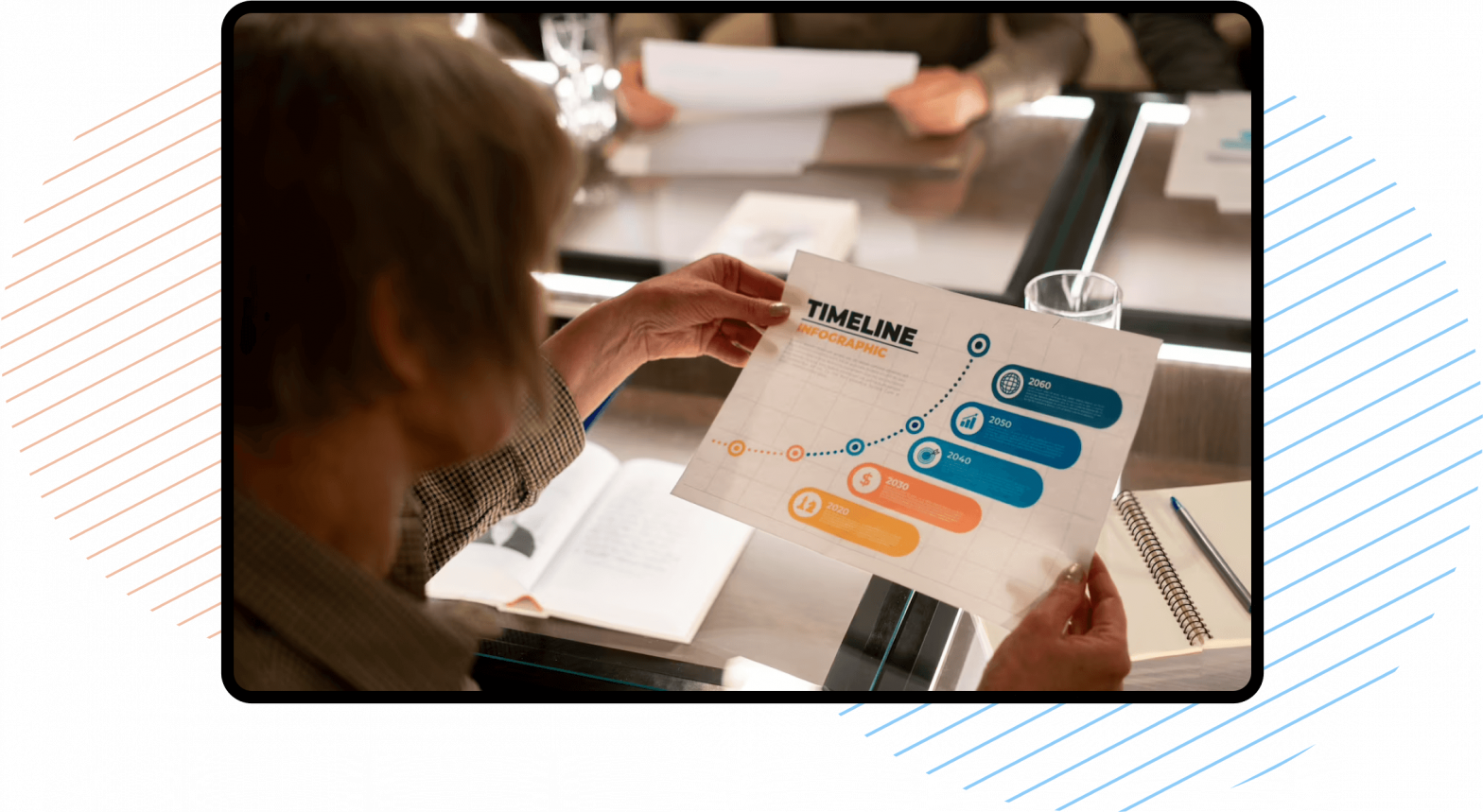 women holding business timeline paper