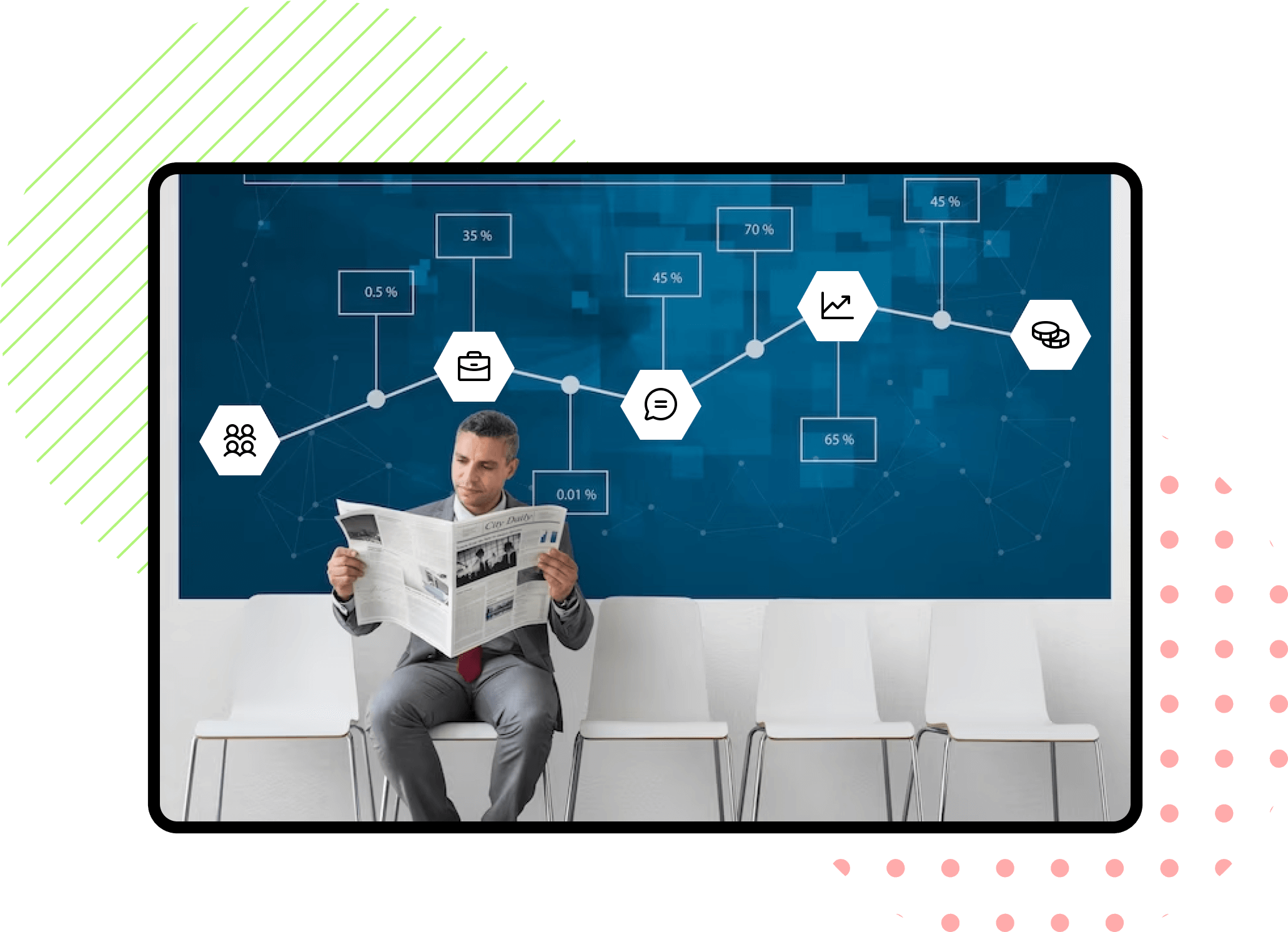 man reading newspaper vizualizing his business