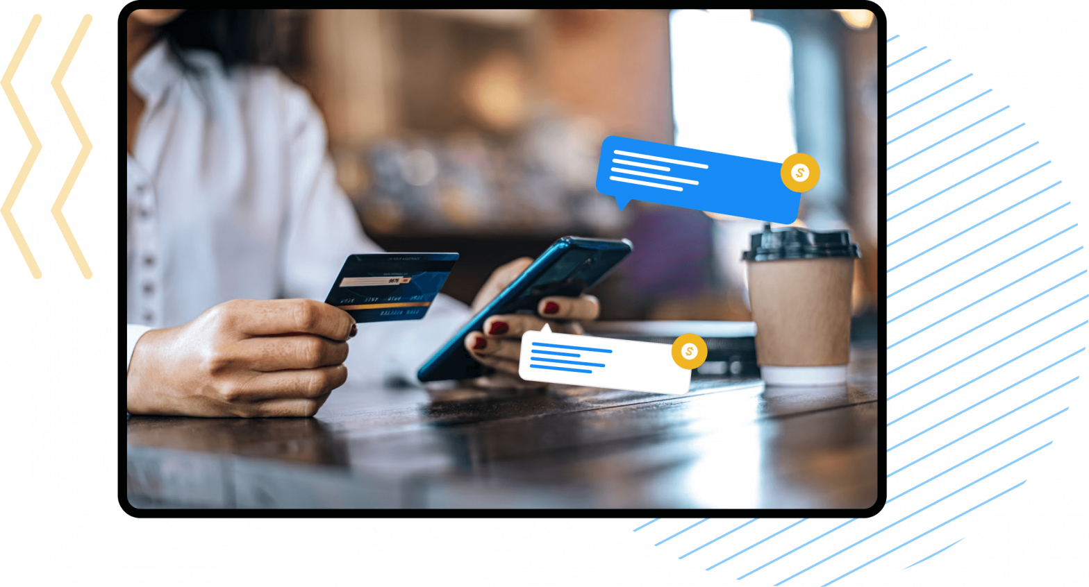 women on phone paying with her card