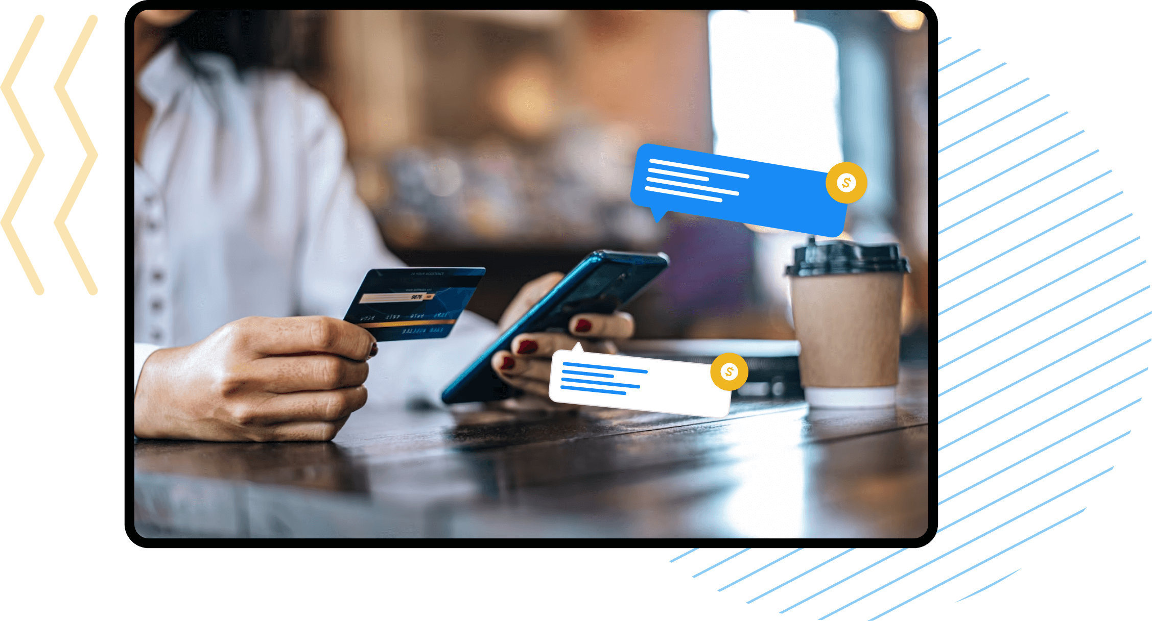 women on phone paying with her card